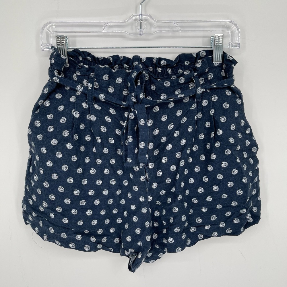 LOFT Women's Navy Shell Print Paperbag Waist Linen Blend Beach Shorts Size S